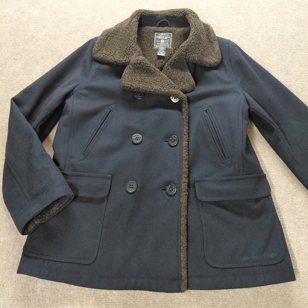 American Eagle Womens Double Breasted Pea Coat Sherpa Lined Jacket Business Y2k